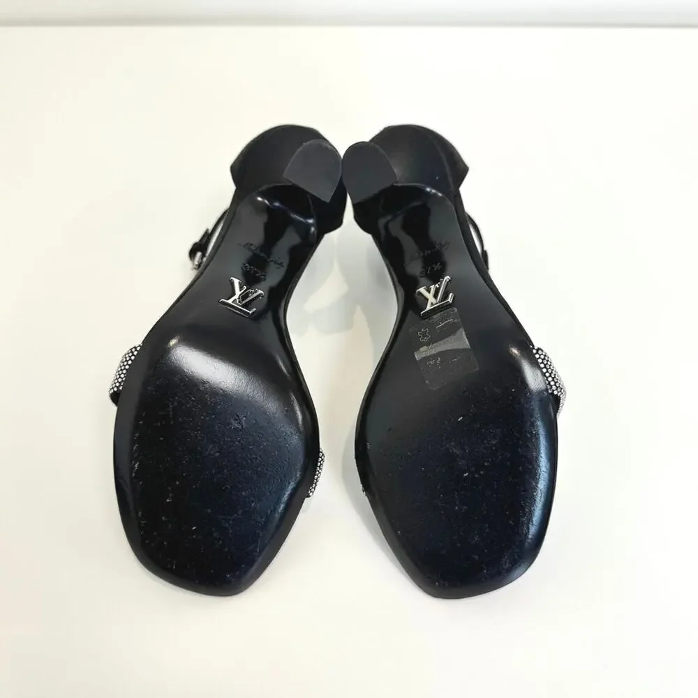 Louis Vuitton Black Satin Rhinestone Ankle Strap Heeled Sandals 37.5 NEW LV Shoe